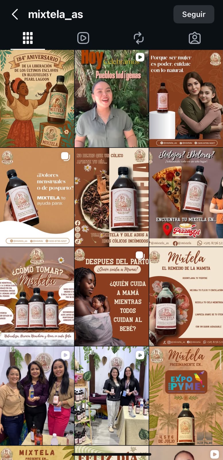 Mixtela Instagram grid showing herbal-product promotions and community-focused content.